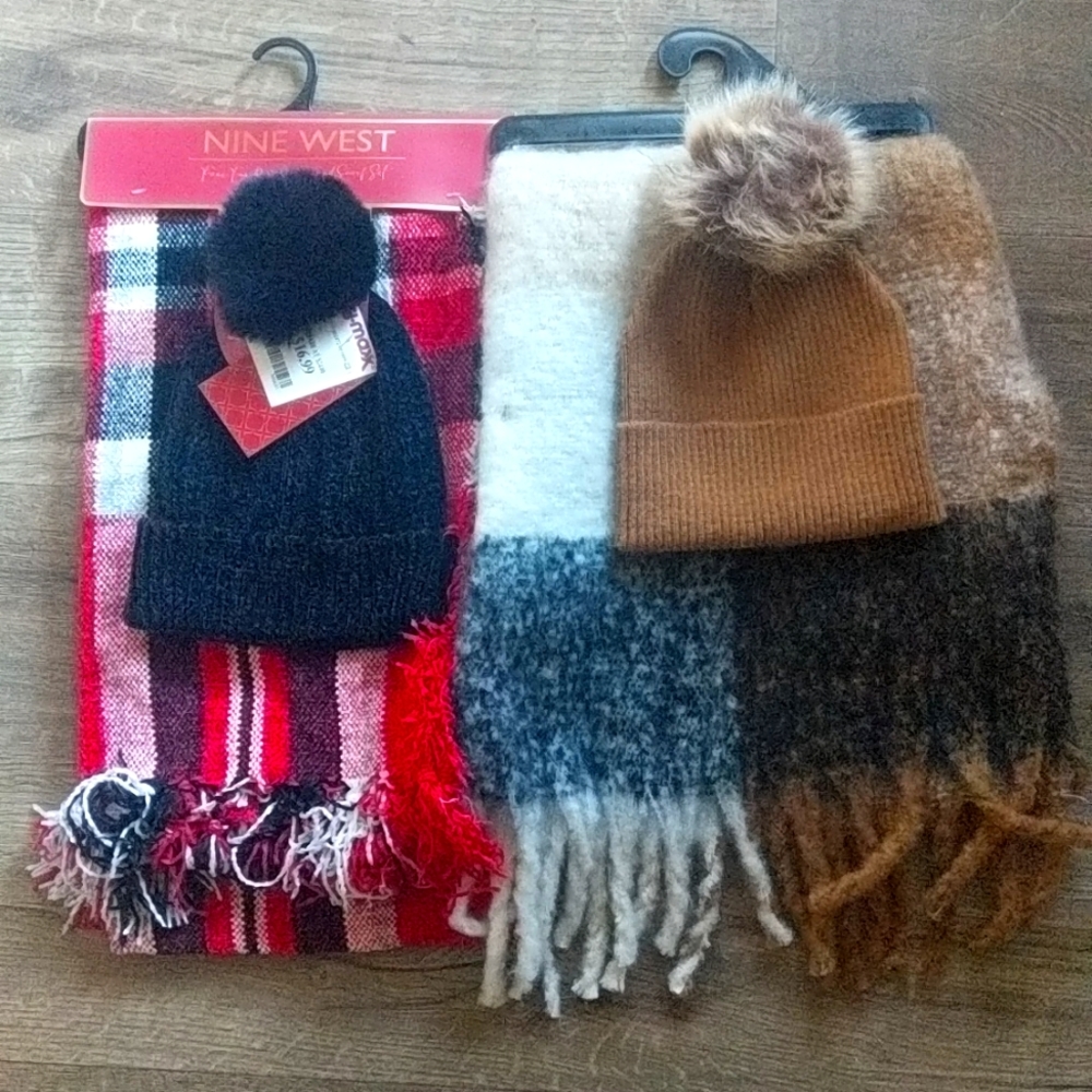 Two pack of hat and scarf sets. One is nine west other is possibilities by toby.